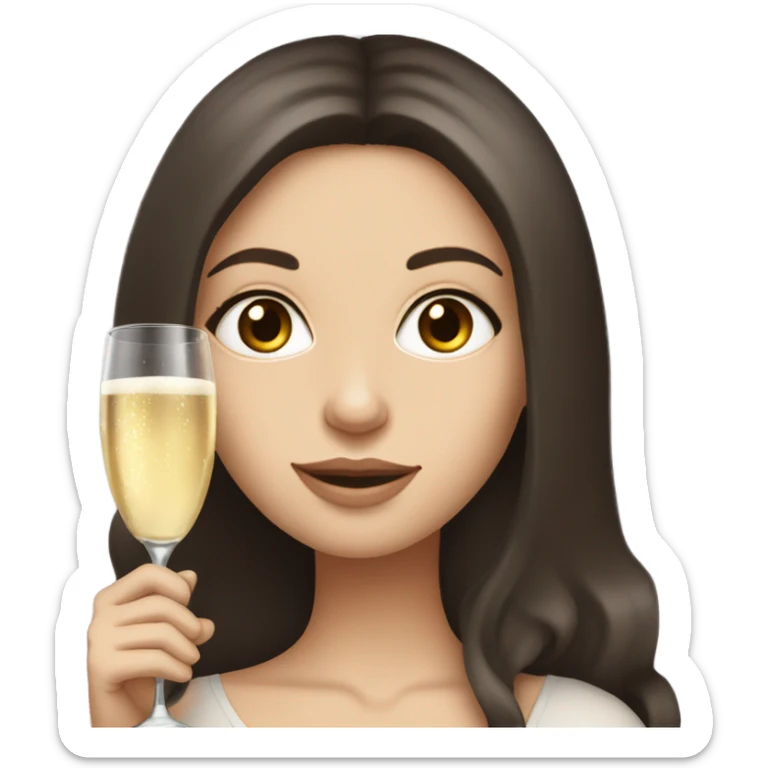 White girl with long dark brown hair and dark brown eyes holding a champagne glass sticker