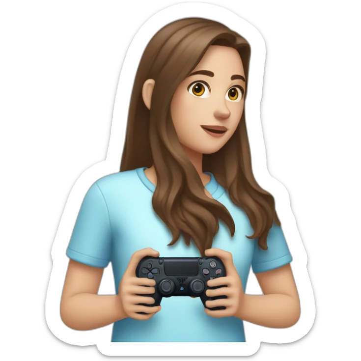 Caucasian Girl with long Brown hair holding the back of a playstation 4 controller looking at a screen sticker