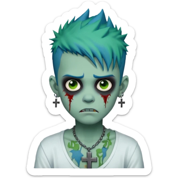 zombie boy with spiky emo blue hair and white shirt , tattos, a risk on the eyebrow, earings,  a necklace with a cross, green skin, shaggy, dark, spooky, creepy expression emoji  sticker