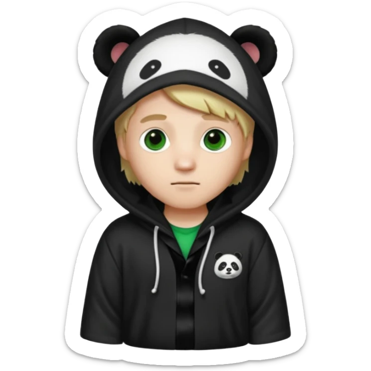 A white man with green eyes, medium-length blond hair, wearing a panda hoodie and black pajama-like robes. sticker