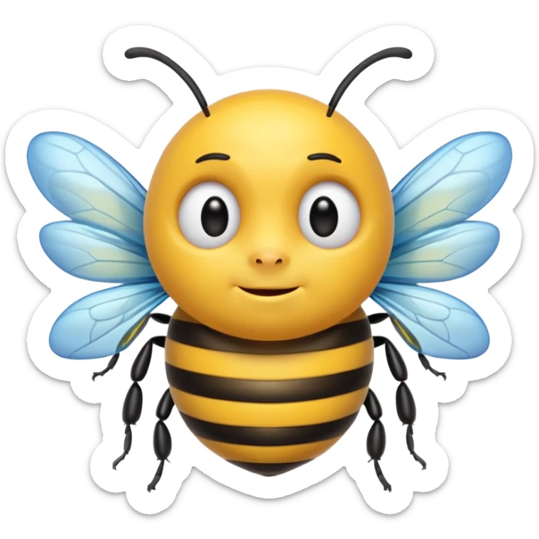 Create a cute emoji-style illustration of a bee with the face of an older man. The bee has a round yellow body with black stripes, small antennae, and light blue wings. Use bold outlines, bright colors, smooth shading, and a glossy sticker-like finish. Transparent or white background. sticker