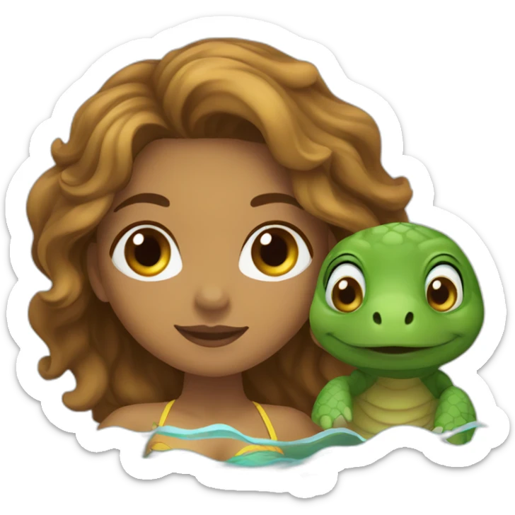 Indian woman with light brown skin and wavy hair swimming with a turtle sticker