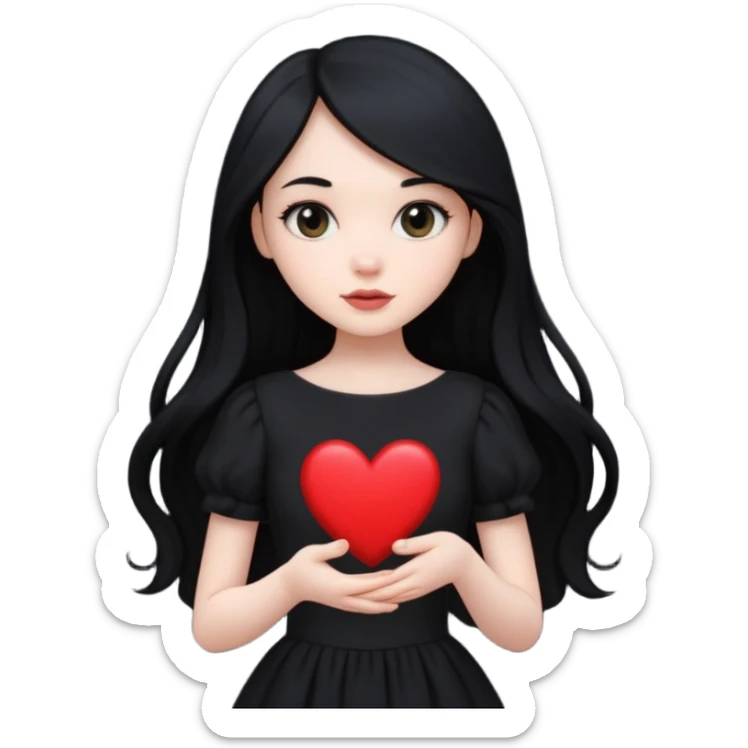 Pale girl with long black hair and black dress with holding black heart sticker