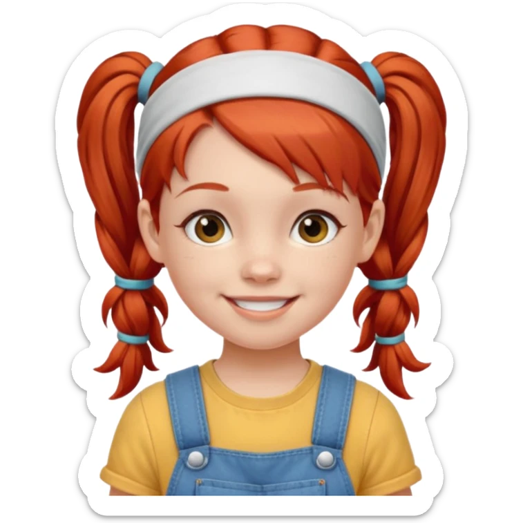 10 year old girl emoji, red hair in pigtails, wearing a headband and overalls, friendly look sticker
