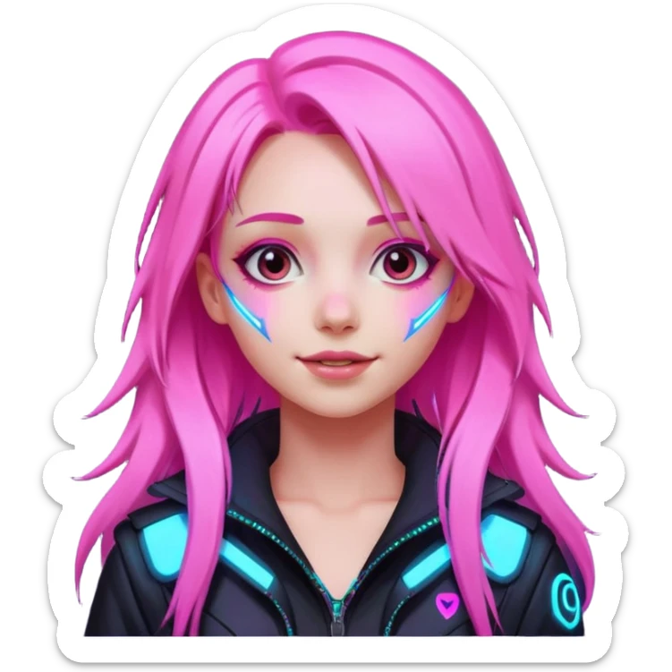 girl neon cyberpunk light pink happy long hair sticker