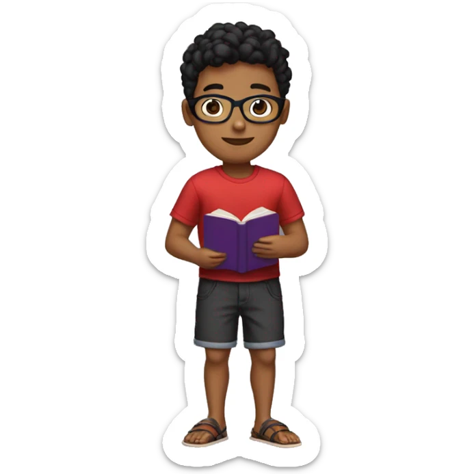a brown boy in a red and black shirt, blue shorts, wearing sandals, short hair and black glasses, holding a purple book sticker
