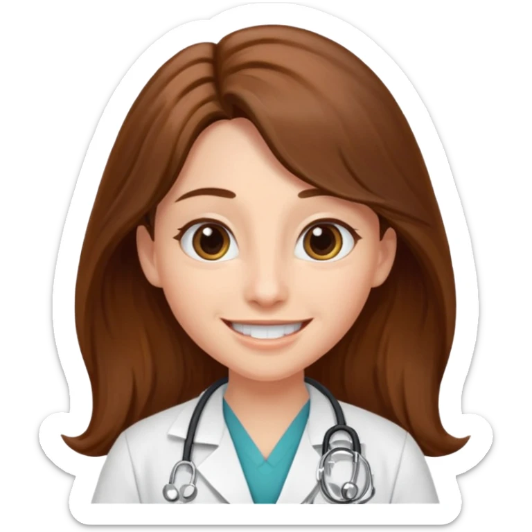 
A doctor with long brown hair, almond-shaped eyes, and a toothless smile. sticker