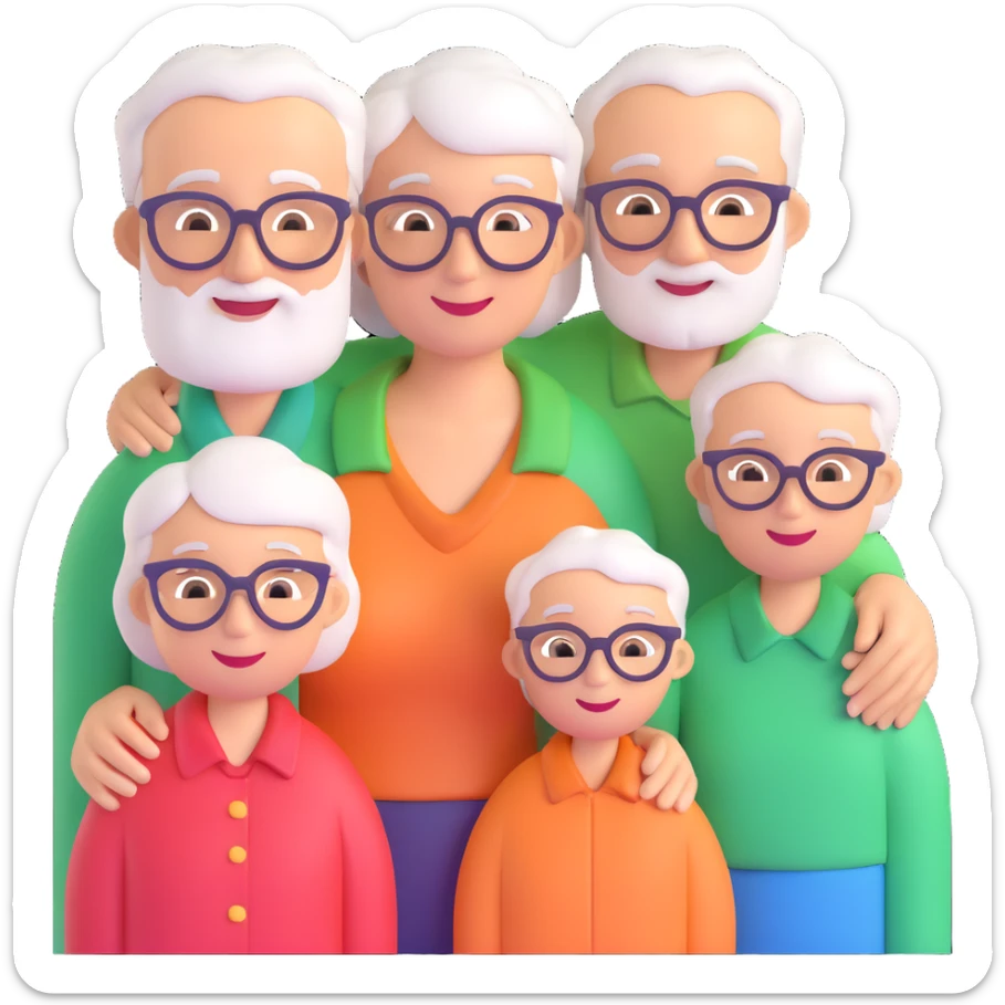 3D icon of a family: multigenerational (grandparent, parent, child), grouped together, supportive and loving sticker