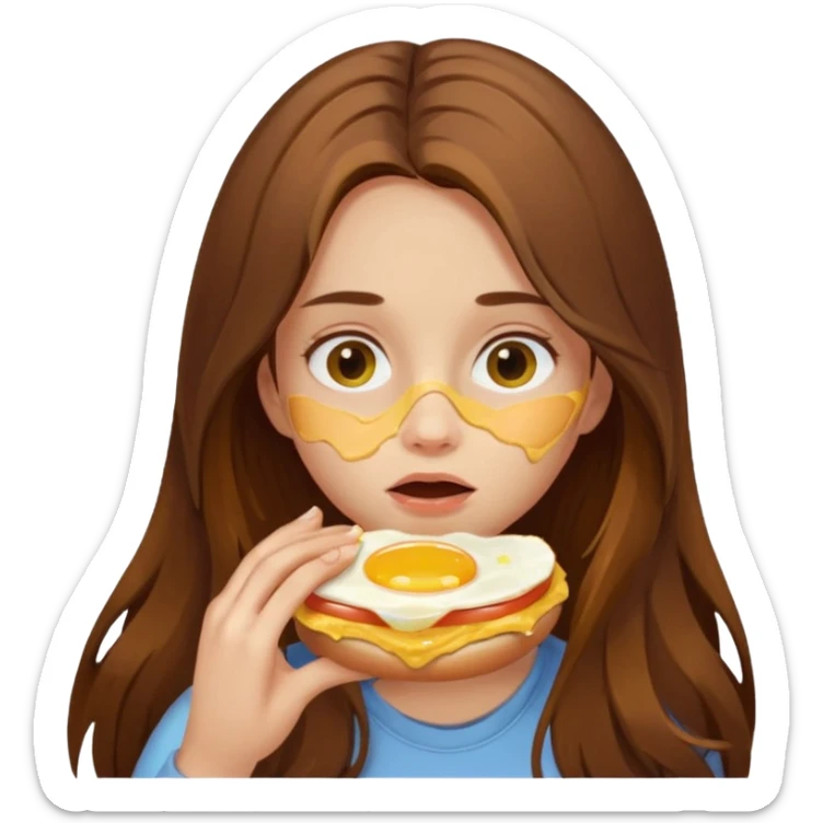 Girl with brown long hair eating egg sandwich. Messy egg over face.  sticker