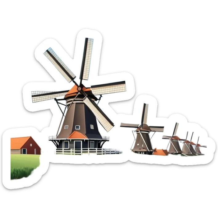 Cinematic Realistic Kinderdijk Windmills Landmark Emoji, depicted as a row of classic Dutch windmills set against a serene sky rendered with detailed textures and soft natural lighting. sticker