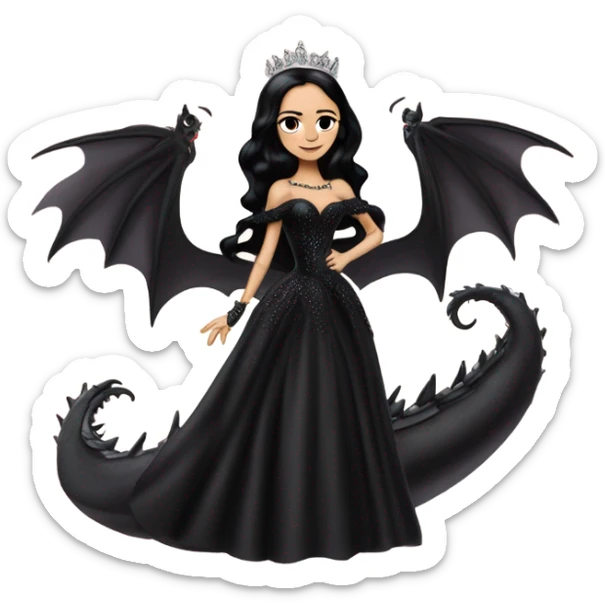 Lavish Victorian evening gown, Jenna Ortega as young Morticia Addams Jedi wearing a mini tiara, riding on the back of a very large blood red evil-looking horned firedragon sticker