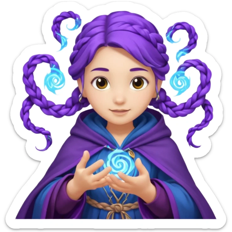 A playful mage girl with braids, purple cloak, and magic swirling around her hands.
 sticker