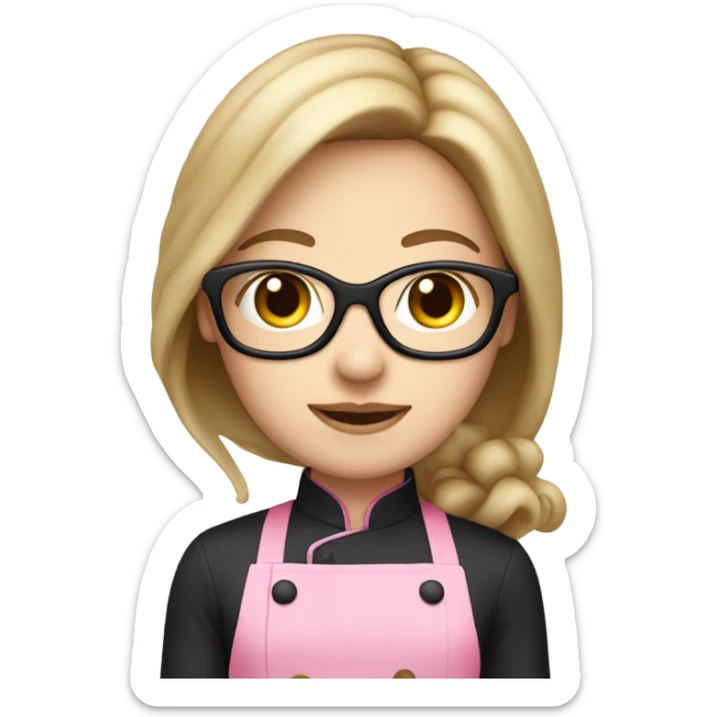 long brunette hair girl with pale skin and black glasses and a pink chef outfit sticker