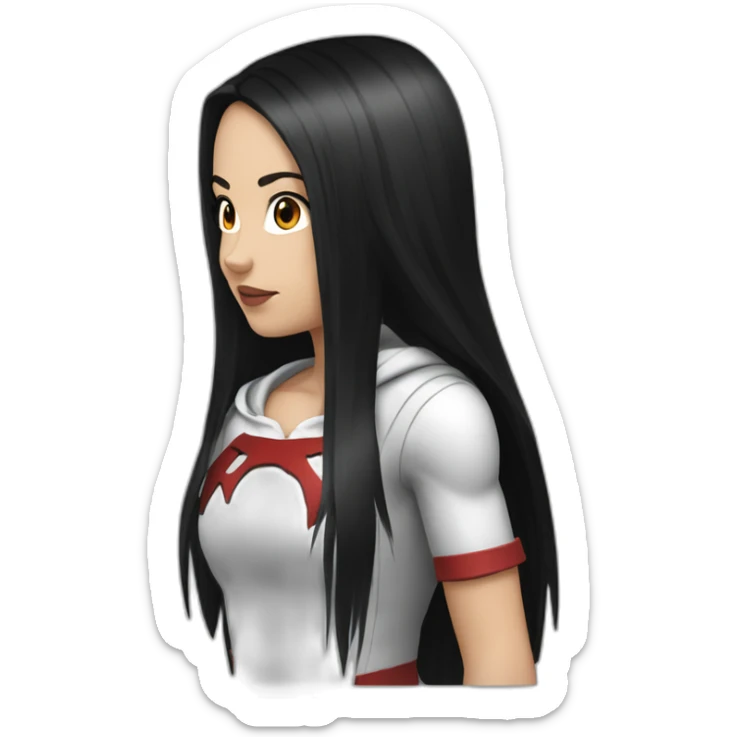 White girl long straight black hair white streak red hood sticker