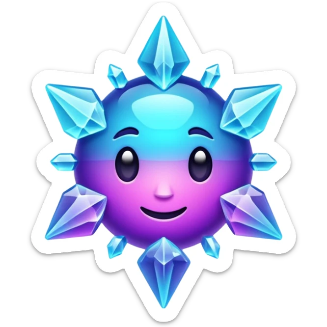 Futuristic glowing ice crystal emoji, icy neon cyan highlights, purple neon accents, dark background, digital tech style, no face. sticker