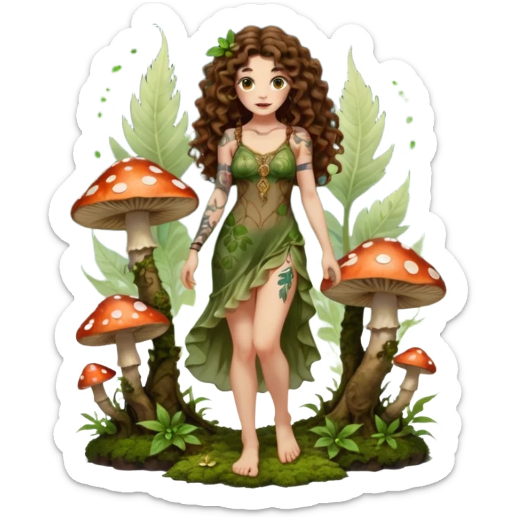 full body view of a woman with long curly brown hair, brown eyes, white skin, tattoos, wearing a sheer moss and leaf dress, standing barefoot on glowing mushrooms, confident pose, slight smirk sticker