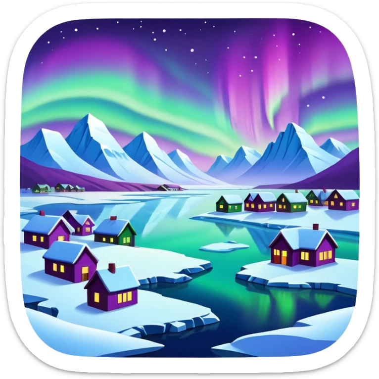 Mohe Arctic Village northernmost point of China with aurora borealis, simplified emoji style with bold outlines and bright colors, cartoon style village with northern lights sticker