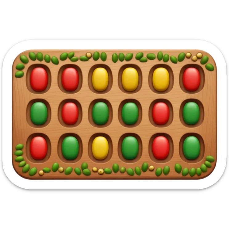 Flat emoji illustration of an African Awalé (mancala) board, wooden board with 12 holes, colorful seeds, simple shapes, bold outlines, cute and playful style, vector look, transparent background” sticker