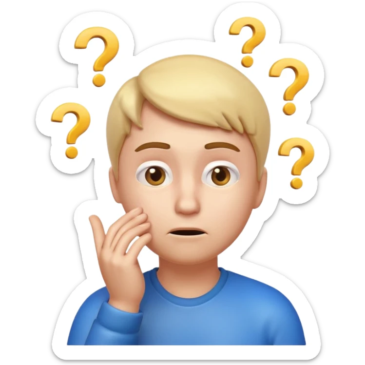 3D glossy emoji of a confused person feeling lost, hand on chin, raised eyebrow, looking up, small question marks around head, faint maze background, soft gradient, centered, transparent background.\ sticker
