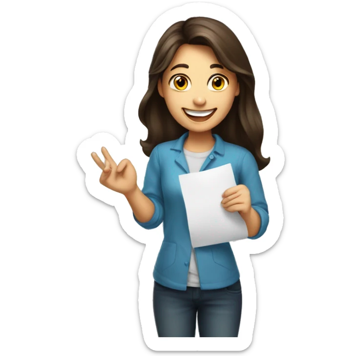 a brunette girl happy to have a 100% on her exam holding it in her hand sticker