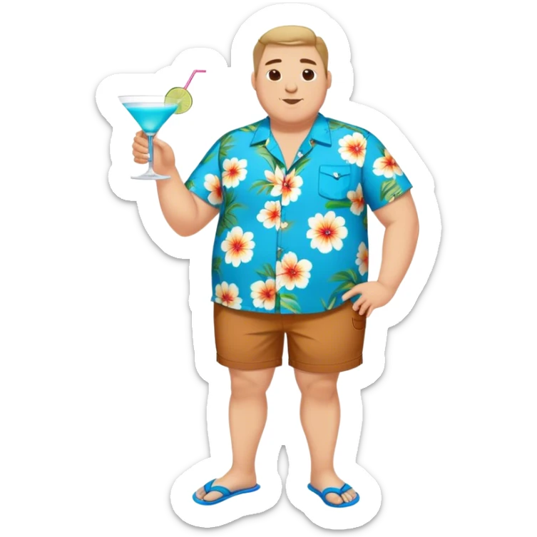chubby guy full figure in a flowered azure havai shirt, brown shorts and flippers holding a cocktail sticker