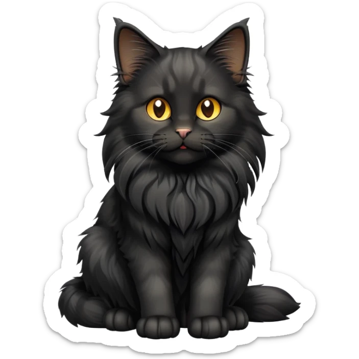 cinematic-cute black-maine-coon-cat-full-body-on all fours-emoji,-head-tilted-playfully-and-inquisitively,-sleek--black-fur,-simplified-yet-adorable-features,-highly-detailed,-glowing-with-a-warm,-friendly-glow -simplified-yet-realistic sticker