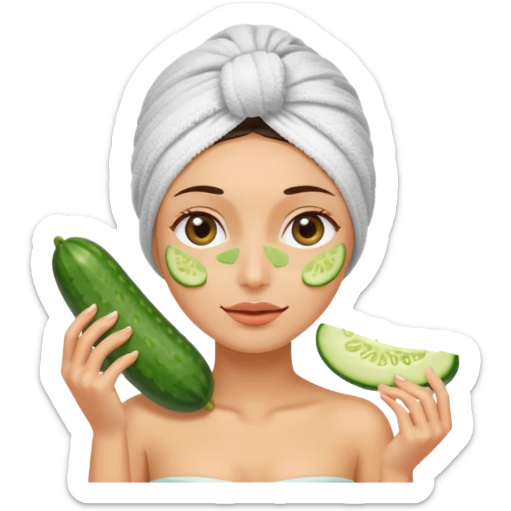 Una señora con una toalla en la cabeza y en el cuerpo con dos pepinos en los ojos  sticker