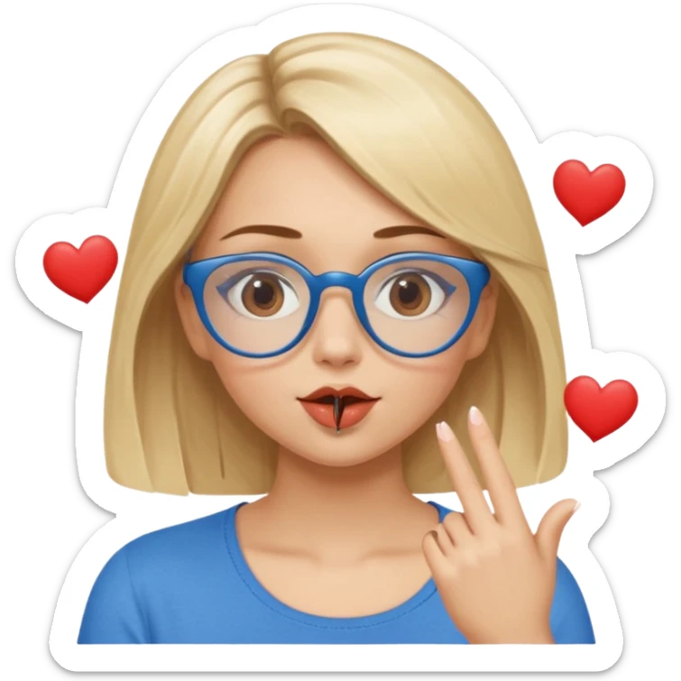 Asthectic Blonde women with brown eyes, blue glasses, waering a brown top, blowing a kiss with hearts around her. sticker