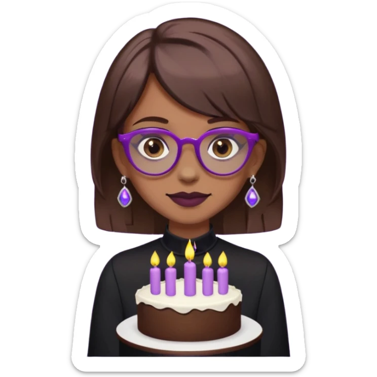 Cute ironic emoji woman, RIP 20’s theme.
Brown medium hair, grey eyes, purple glasses, nose piercing, tooth gem.
Black mourning outfit, cake with 29 candles.
Dark-cute minimal style, flat emoji design, clean lines.
Transparent background. sticker