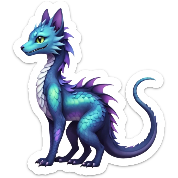 Kawaii black pastel iridescent beautiful pretty elegant divine edgy fantasy feline-vernid-sergal-Haku-dragon-fursona animal creature, full body with intricate markings  sticker