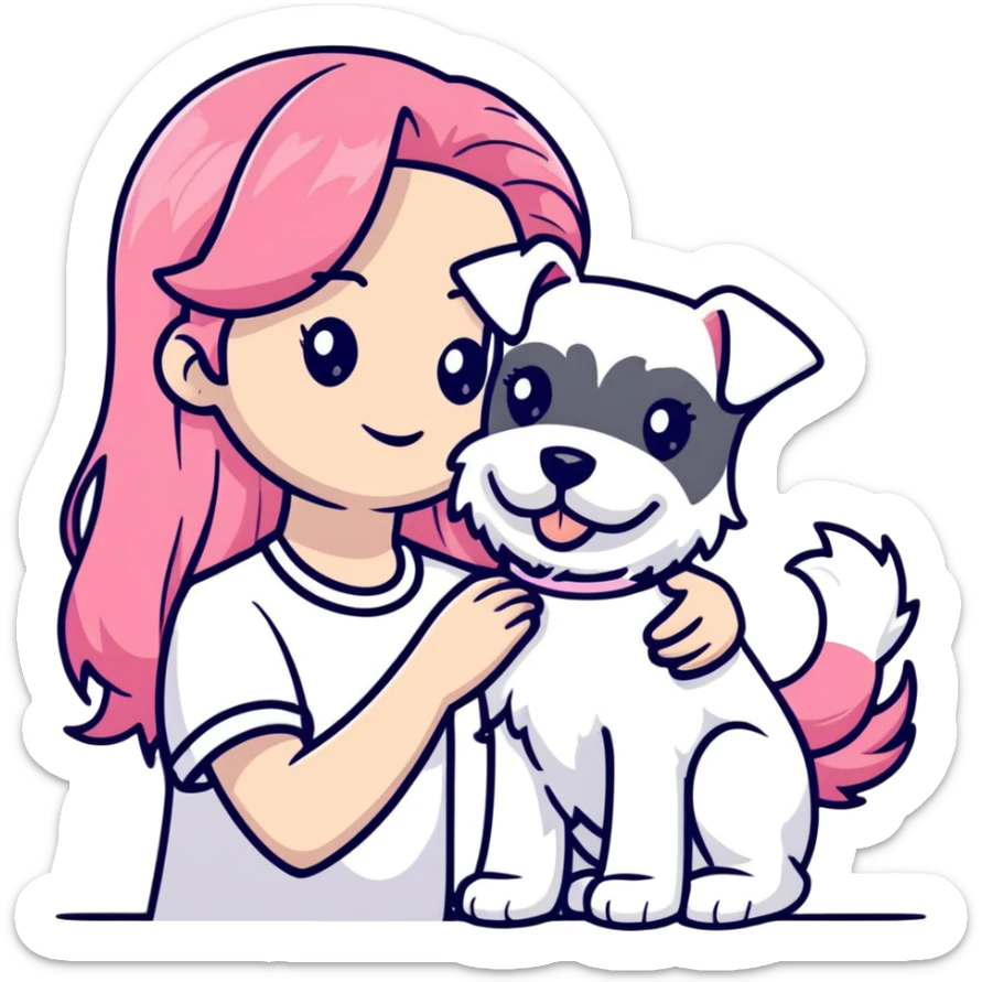 Girl with long flowing pink hair holding a white schnauzer dog sticker