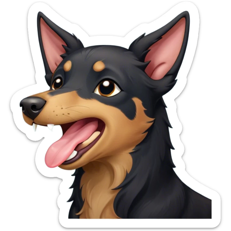 Cinematic Cute Yawning Black and Tan Kelpie Portrait Emoji, Head tilted slightly with a dramatic, wide-open yawn, showcasing a smooth black Fur with distinct tan accents, floppy ears slightly drooping, round dark eyes barely open in drowsy contentment, Simplified yet irresistibly adorable features, highly detailed, glowing with a soft, cozy glow, high shine, relaxed yet expressive, stylized with a touch of whimsy, bright and endearing, soft glowing outline, capturing the essence of a sleepy yet affectionate herder, so drowsy it feels like it could stretch out of the screen and curl up for a nap! sticker