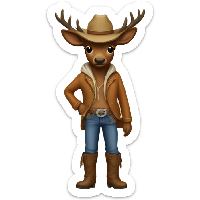 Elk wearing a hoodie and cowboy hat with boots and blue jeans sticker