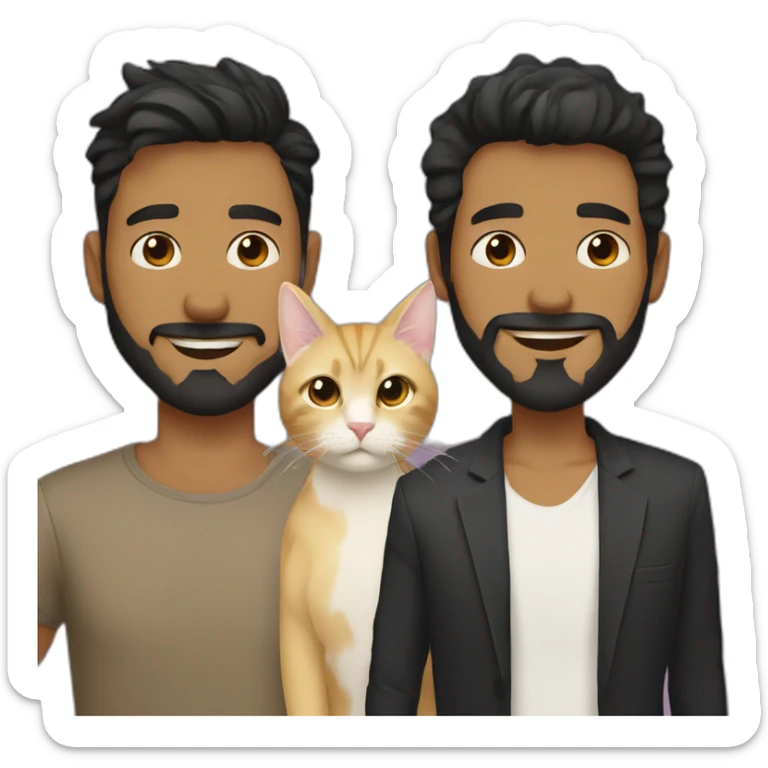 Gay male couple Latino Black hair and beard male and Australian blonde hair male , with a cat in the middle sticker