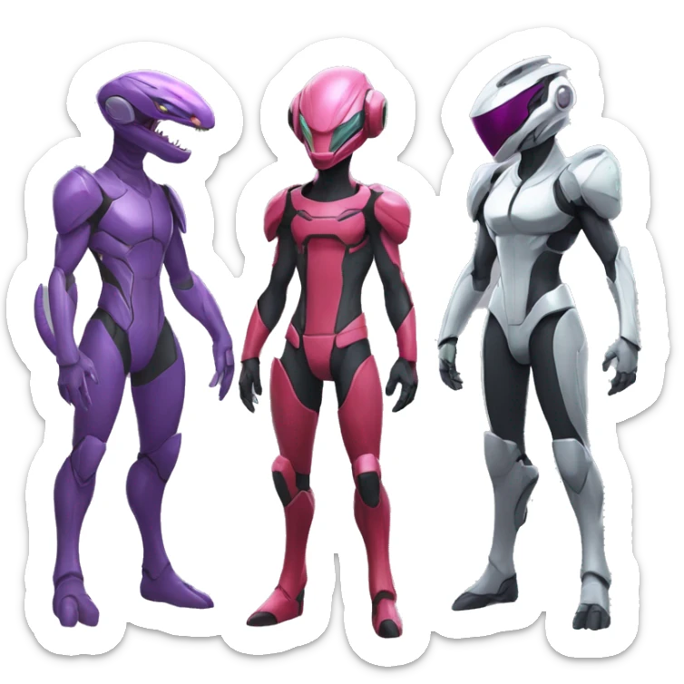 a Reptile-Raptor-Genesect-Mewtwo-Fakémon with a futuristic visor-helmet and wearing a techwear-suit Full Body sticker