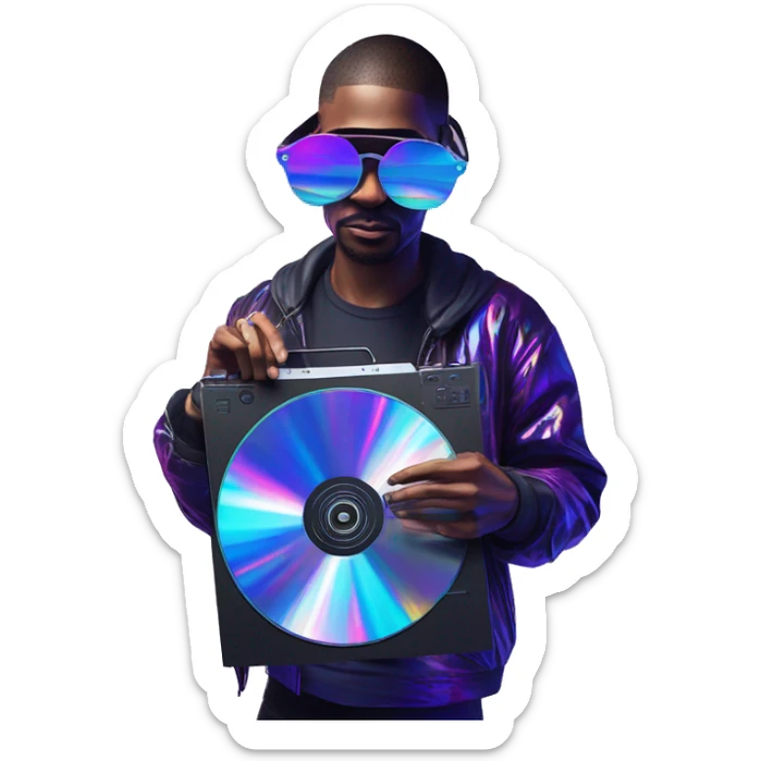 A dj wearing sunglasses playing music holding a cd record record, vinyl, oilslick holographic blacklight inverted graffiti dark dull sticker