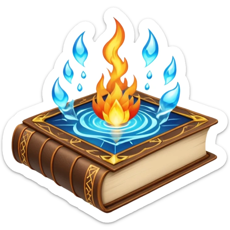 magical spellbook with elemental symbols, emitting energy, with icons of fire, water, earth, and air sticker