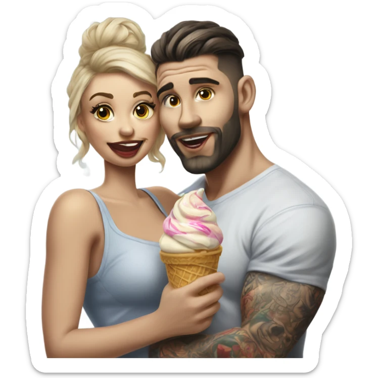 Hyper Realistic beautiful woman in the arms of a very handsome tattooed man eating ice cream  sticker