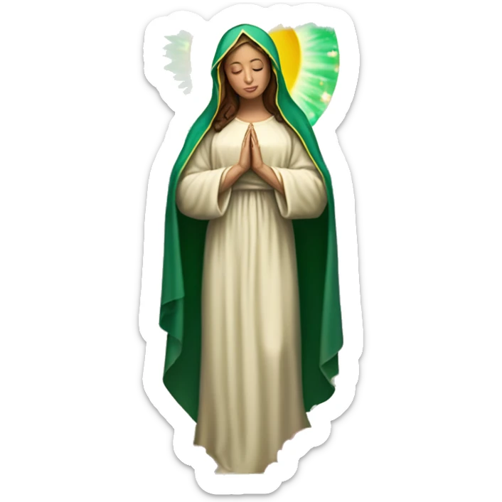 Virgin Mary: kind face looking down at the left, long brown hair, Wearing an emerald green  robe with gold stars and a burgundy red dress,  Hands in prayer or blessing. Halo around her head. standing in front of a big sun. colorful roses on the sides  sticker