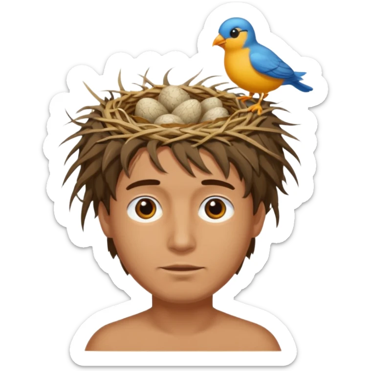 Man who has a birds nest on top of his head for hair sticker