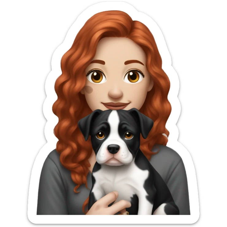 Long Red haired woman with septum piercing holding black and white English Staffordshire puppy sticker