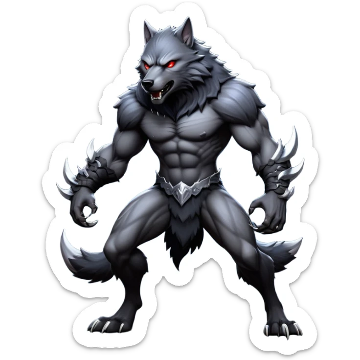 cinematic-noble-fierce-werewolf-full body-emoji, poised-and-imposing, with a tall, slender yet muscular frame inspired by the brutal, imposing shape of the beast from Berserk, fur rippling in shades of midnight black and silver, eyes glowing with an intense, primal ferocity, reflecting the untamed power of the wild moonlit night; rendered with realism sticker