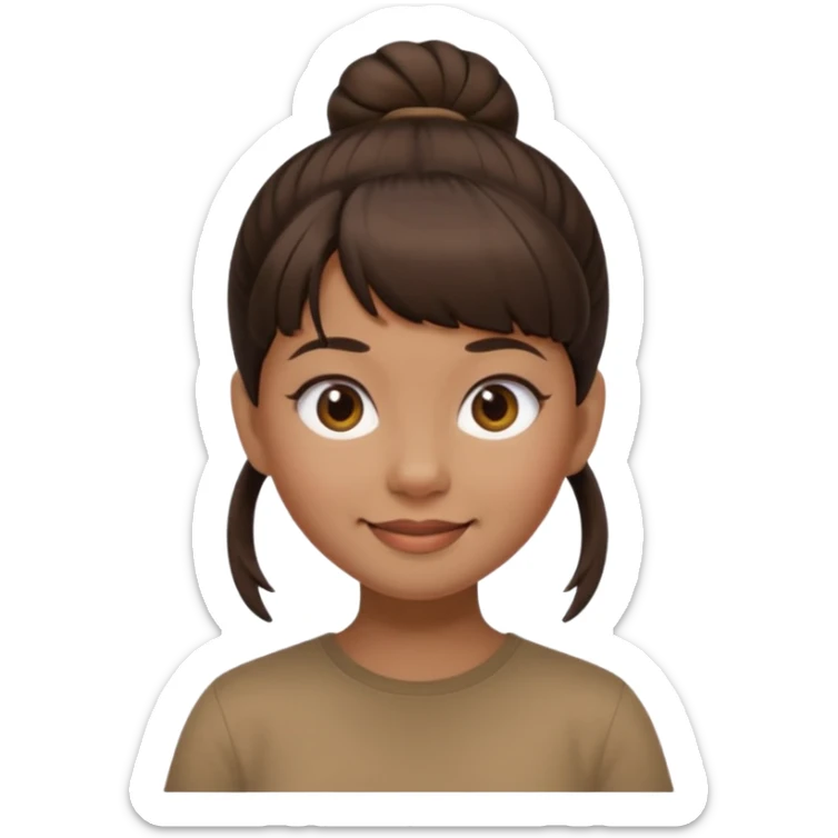 In Apple Memoji format, a girl with dark brown hair. She has bangs and her hair is in a singular high bun. The girl is arab and has light brown skin. She is wearing a brown shirt. She is soft smiling, no teeth shown. sticker