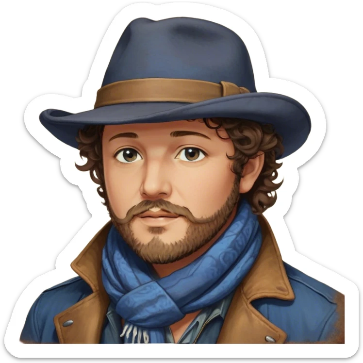 a detailed portrait of zucchero sugar fornaciari, focusing on his upper half. he has a rugged appearance with curly brown hair, a trimmed beard, and expressive eyes. wearing a wide-brimmed hat and a casual jacket with a scarf, his style reflects a blend of rock and blues. the background is softly lit with warm, earthy tones, creating a soulful and charismatic vibe sticker