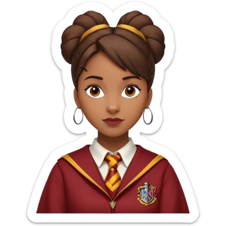 Angelina Johnson in harry potter, wear hogwarts gryfindor uniform,  thick, brown bun hair , reflecting her bold, stylish, and strong personality sticker