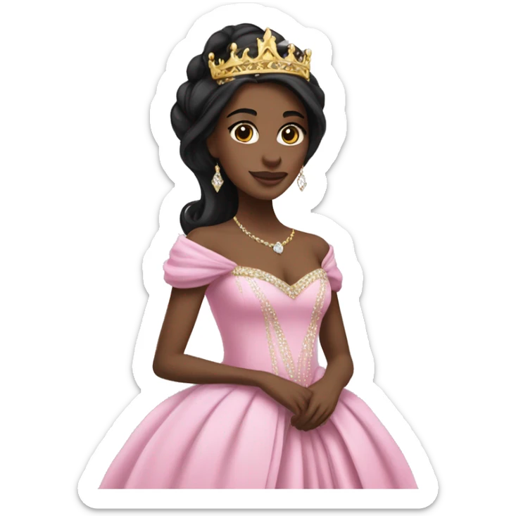 princess with black long hair, pink gown, gold crown, white skin, diamonds sticker