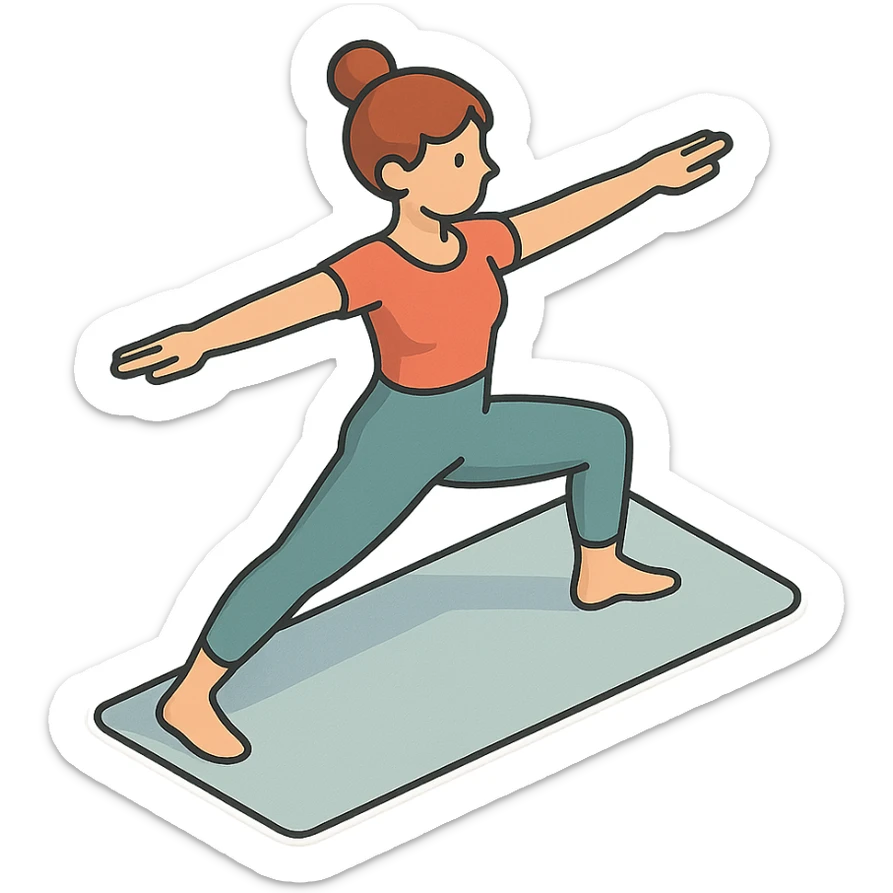 girl in cute yoga outfit performing warrior II pose (Virabhadrasana II), 2D isometric style, very detailed drawing, shadows and highlights, clean contours, soft lighting, transparent background sticker