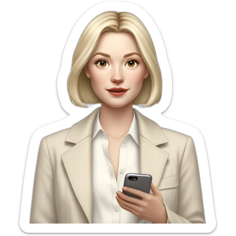 pale skin woman with ash blonde Straightened bob Hair, White Spacious classical jacket, beige palazzo Arrow pants and gray blouse holding white IPhone 14 pro in the hands sticker