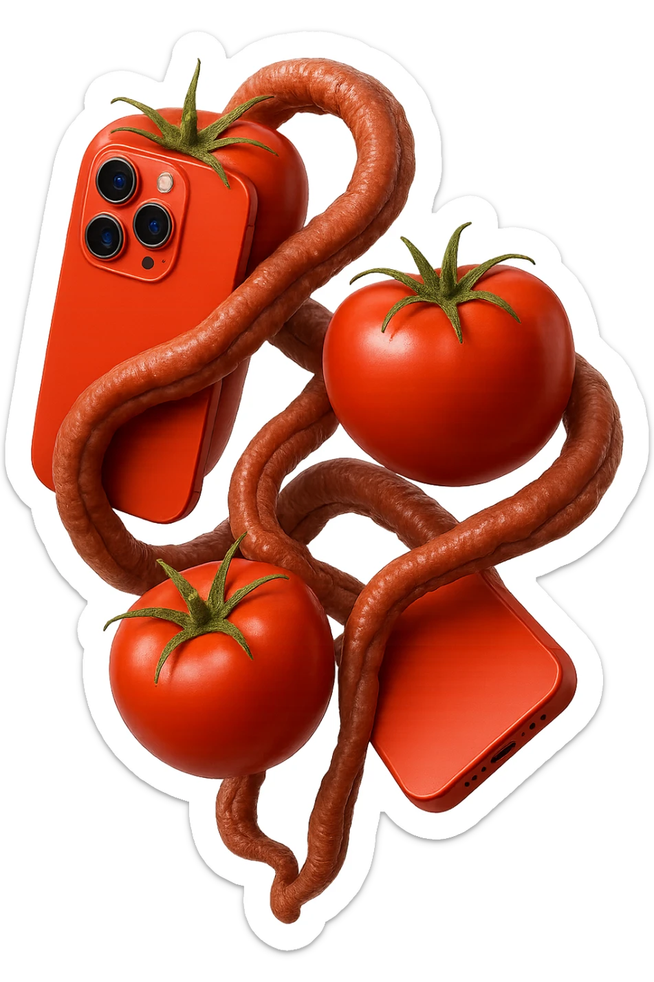 emoji stile iphone di pomodori che fluttuano in aria con colon attorcigliato intorno, iperrealistico 4k, isolato su sfondo bianco sticker