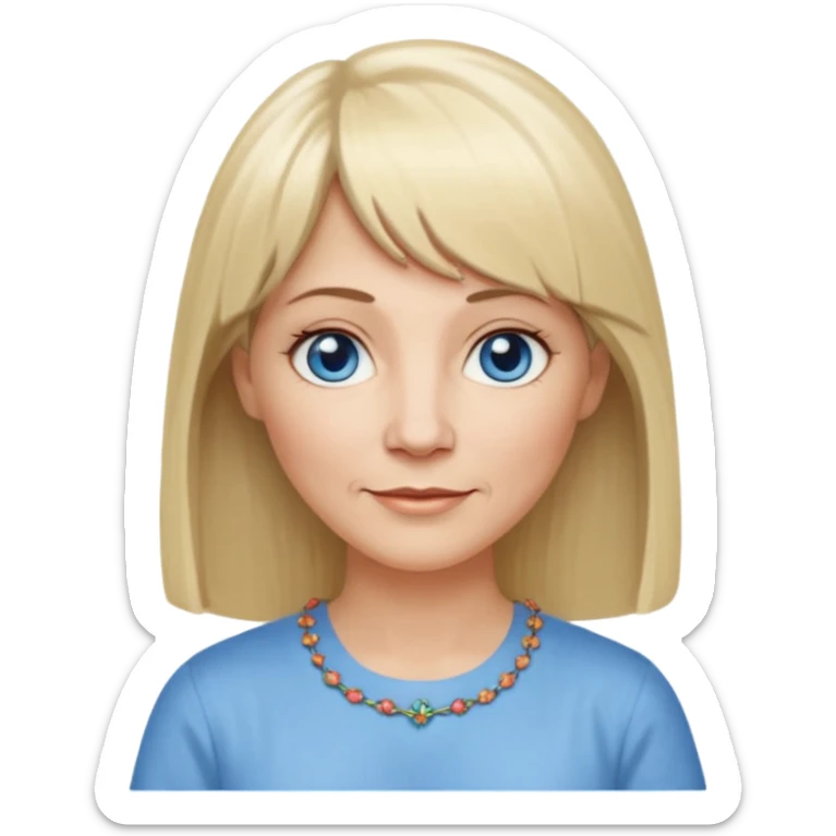 50 yr old white woman, hippie part short bangs, very long straight blond hair, oval face, small smile, blue eyes, thin face, hair downback, hair parted at center of head, round cheeks, pale, longer hair, white shirt sticker